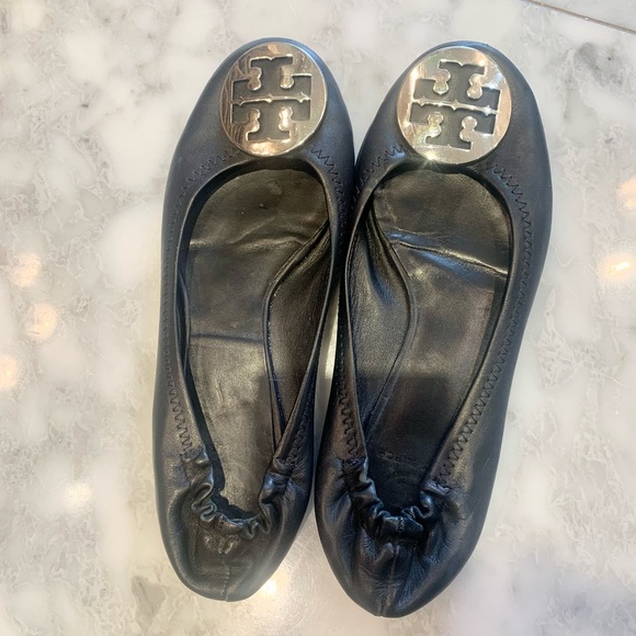 Tory Burch Minnie Travel Leather Ballet Flats Black & Silver 8.5 - Picture 2 of 8